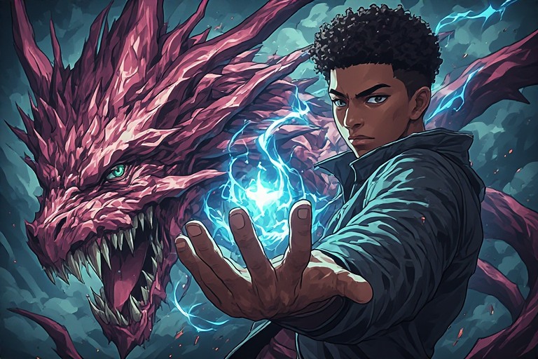 Black summoner summoning a dragon with fire.